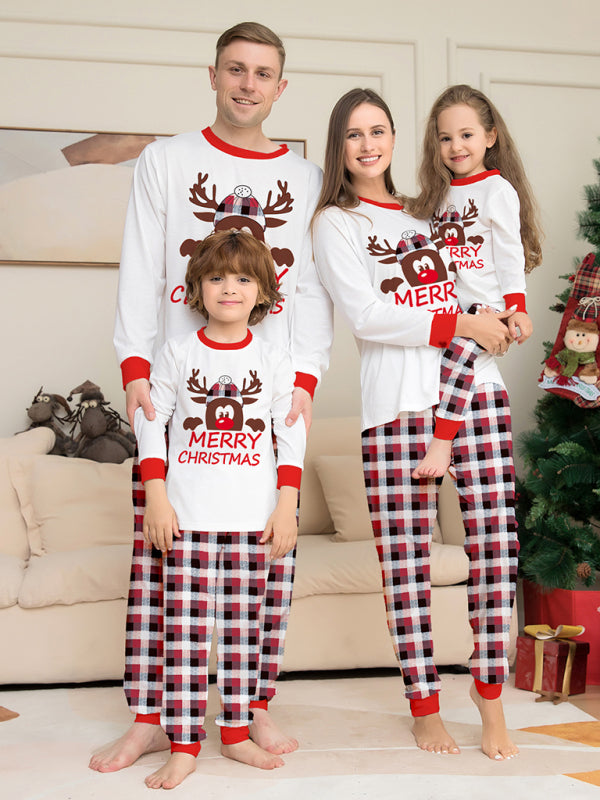 Christmas Deer Head Letter Print Parent-child Plaid Long-sleeved Homewear Two-piece Set