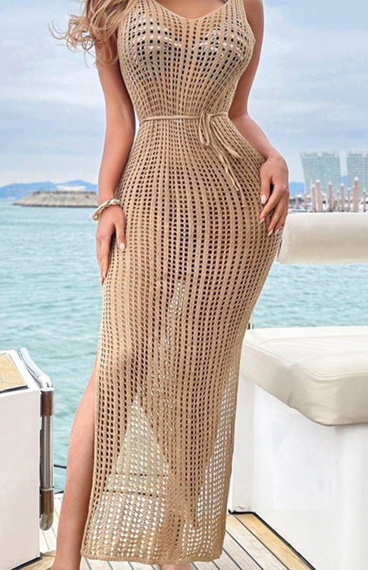 Knitted V-Neck Hollow Backless Sleeveless Slit Dress