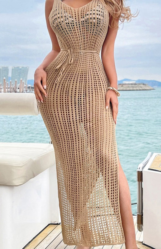 Knitted V-Neck Hollow Backless Sleeveless Slit Dress