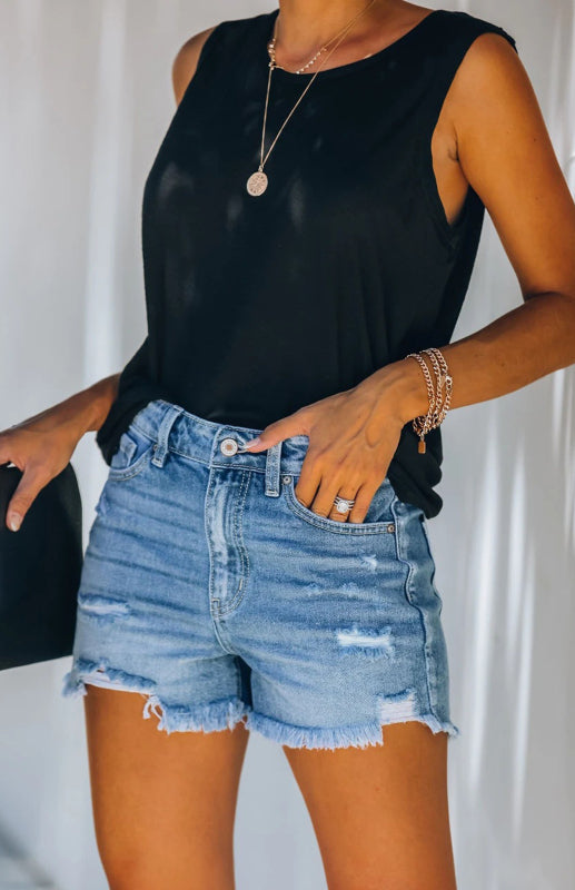 Irregular-hem Denim Shorts