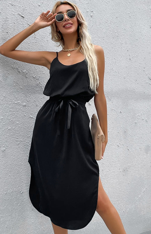 Belted Side-split Sleeveless Dress