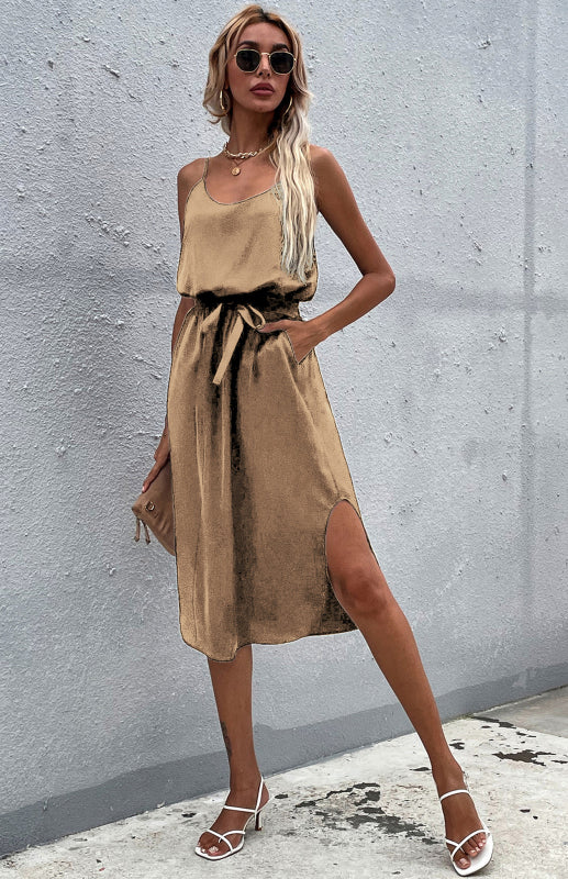 Belted Side-split Sleeveless Dress