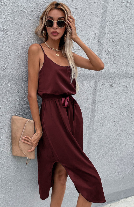 Belted Side-split Sleeveless Dress