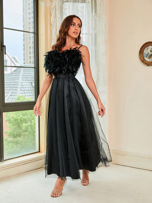 Mesh Feather Sling Dress - Arabella's Couture 