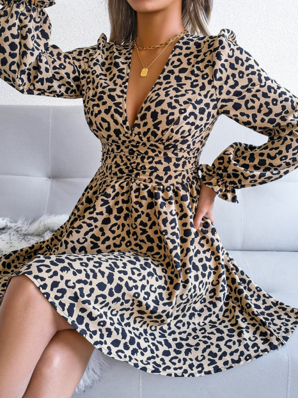 Leopard Print V-neck Pleated Waist Long Sleeve Dress