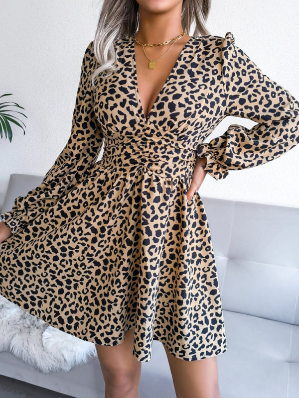 Leopard Print V-neck Pleated Waist Long Sleeve Dress