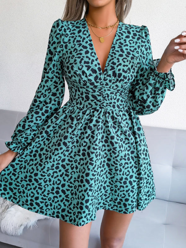 Leopard Print V-neck Pleated Waist Long Sleeve Dress