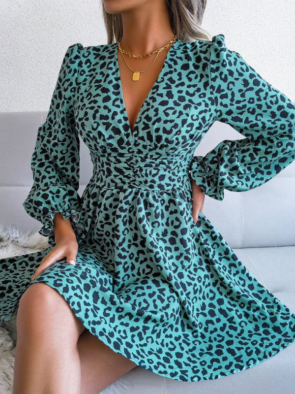 Leopard Print V-neck Pleated Waist Long Sleeve Dress