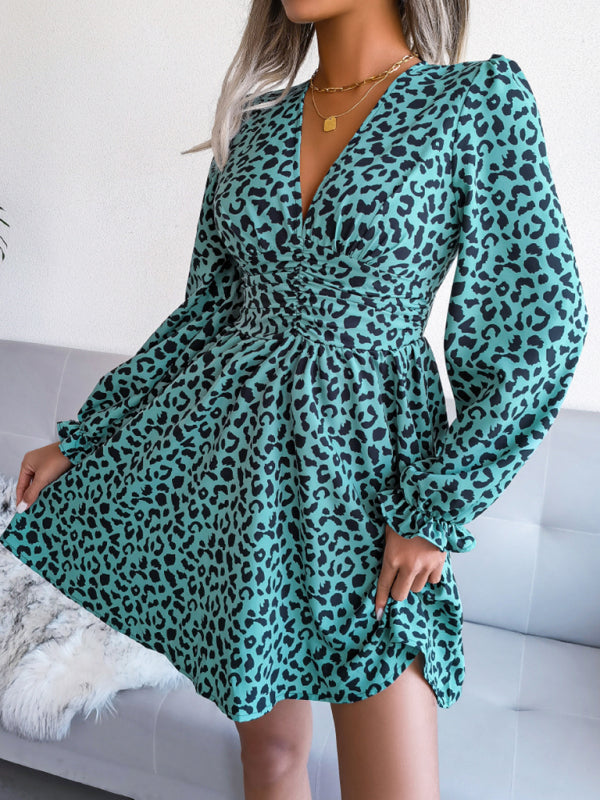 Leopard Print V-neck Pleated Waist Long Sleeve Dress