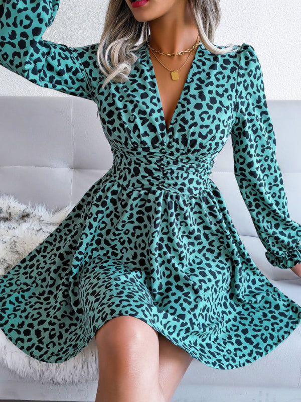 Leopard Print V-neck Pleated Waist Long Sleeve Dress