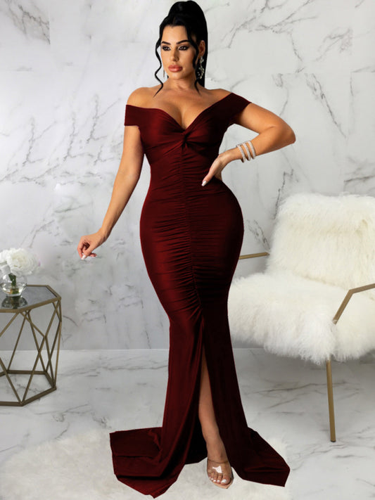 Off-shoulder V Neck Ruched Dress - Arabella's Couture 