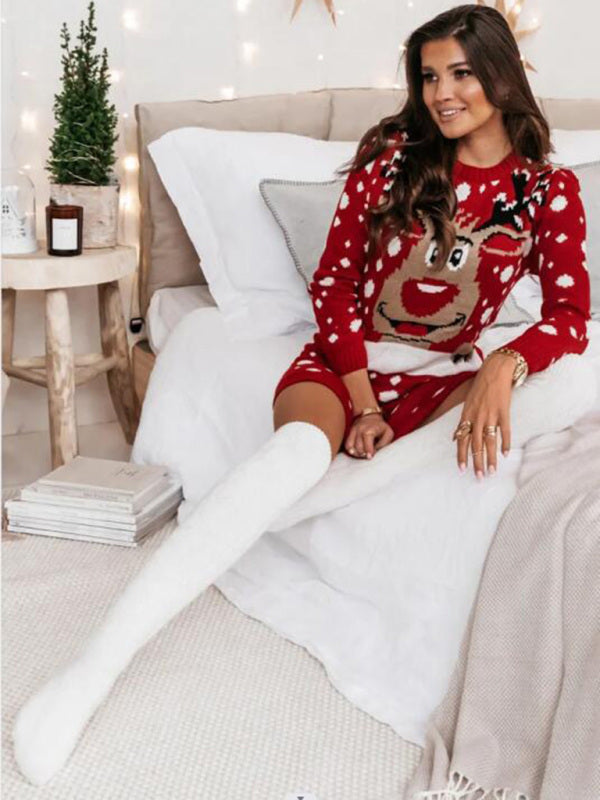 Christmas Elk Print Jacquard Sweater Long Sleeve Dress