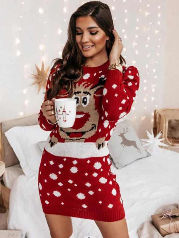 Christmas Elk Print Jacquard Sweater Long Sleeve Dress