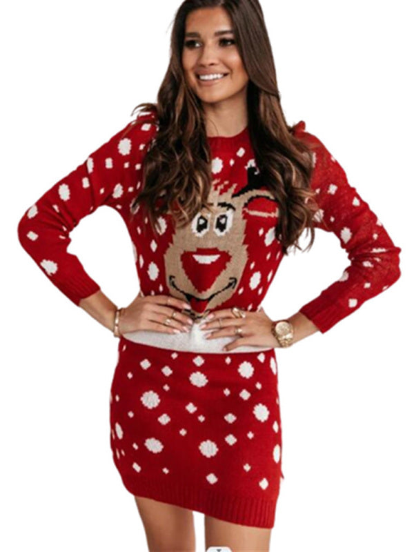 Christmas Elk Print Jacquard Sweater Long Sleeve Dress