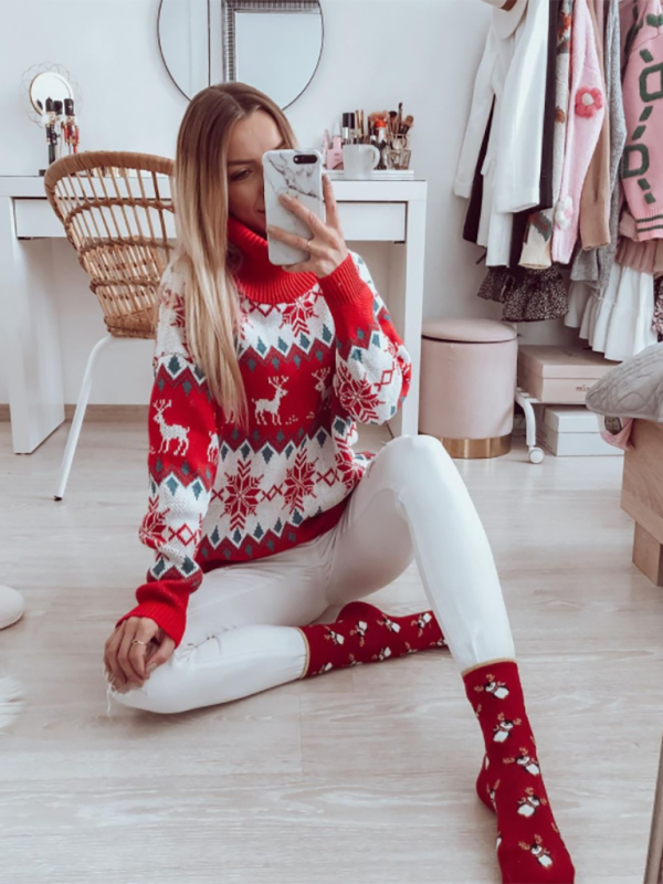 Women's Christmas Jacquard Turtleneck Long Sleeve Sweater