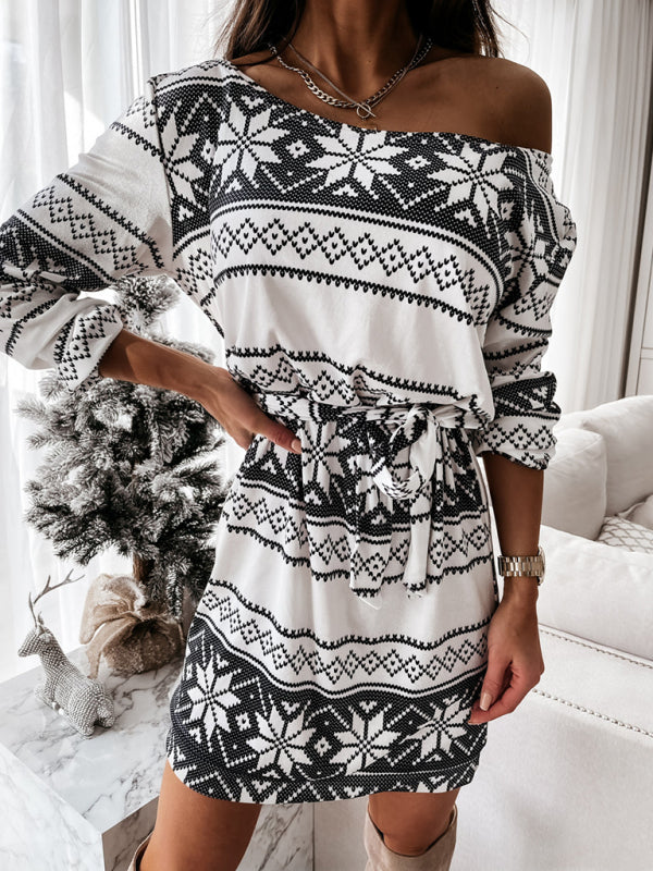 Christmas Print Long-sleeved Sweater Dress