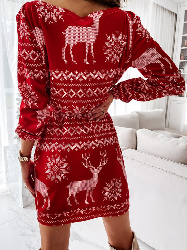 Christmas Print Long-sleeved Sweater Dress