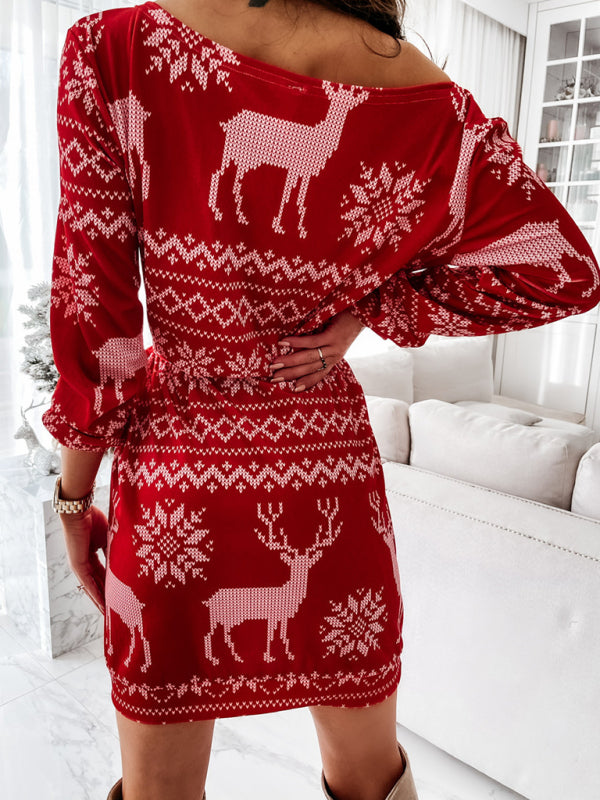 Christmas Print Long-sleeved Sweater Dress