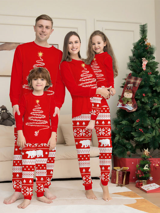 Christmas Tree Print Parent-child Round Neck Long Sleeve Homewear Set