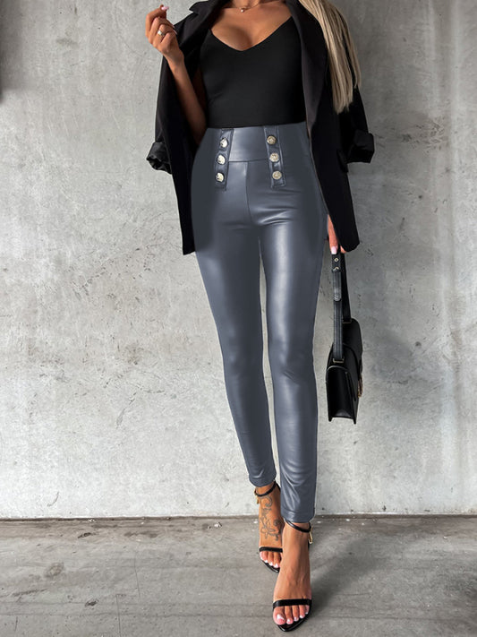 Button-down Pu Leather Trousers