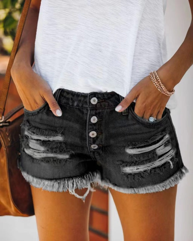 Straight-breasted Ripped Fringed Denim Shorts