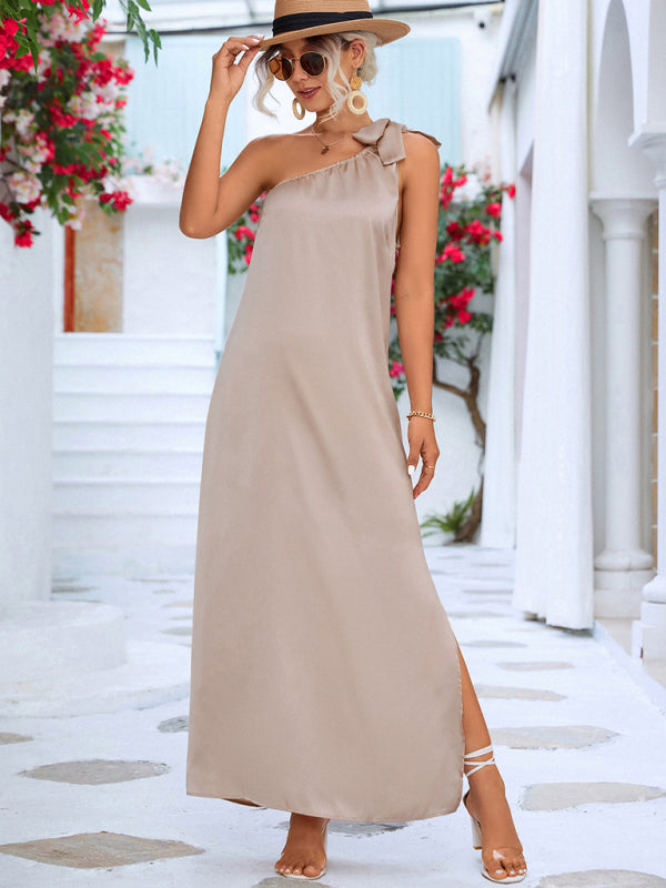 Satin Slanted Shoulder Strap Dress