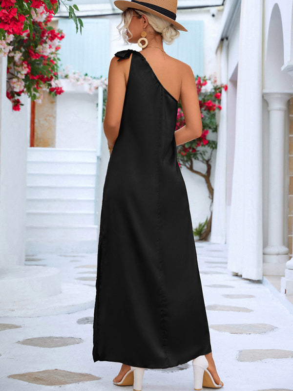 Satin Slanted Shoulder Strap Dress