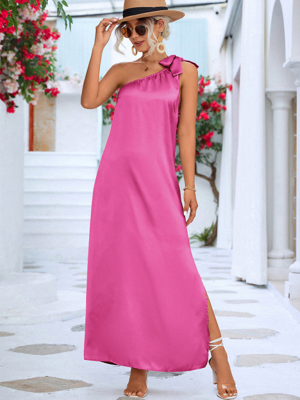 Satin Slanted Shoulder Strap Dress