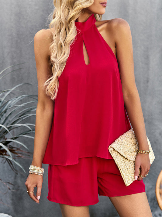 Sleeveless Halter Top + Shorts Two-Piece Set