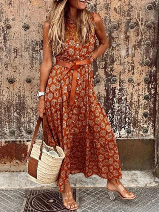 Bohemian Print Dress (Belt Not Included)