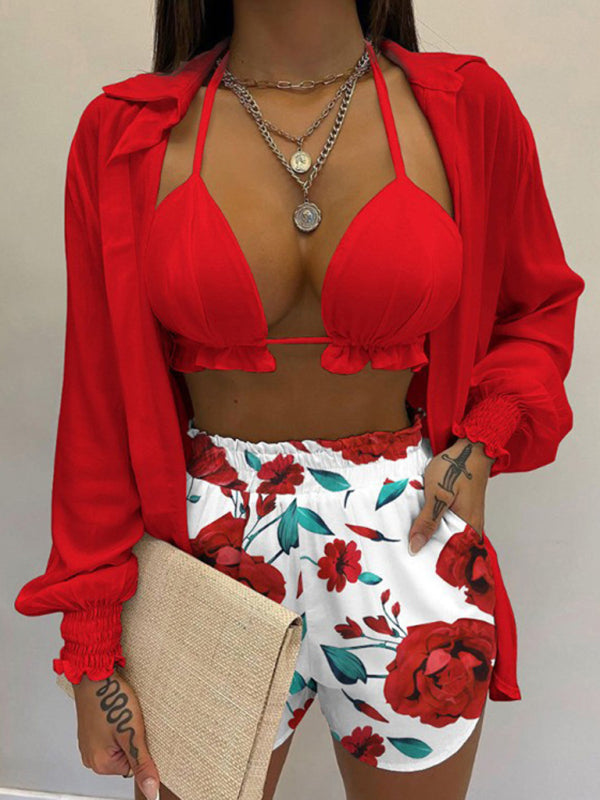 Long-sleeved Shirt Shorts Three-piece Bikini Set