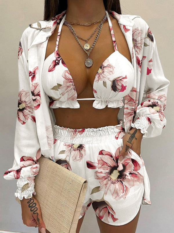 Long-sleeved Shirt Shorts Three-piece Bikini Set