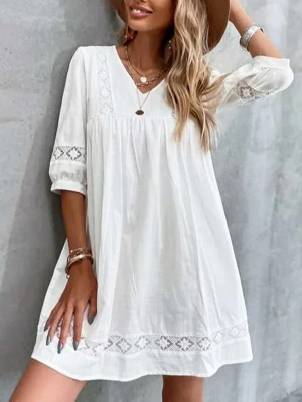 V-neck Mid-sleeve Cotton Dress - Arabella's Couture 