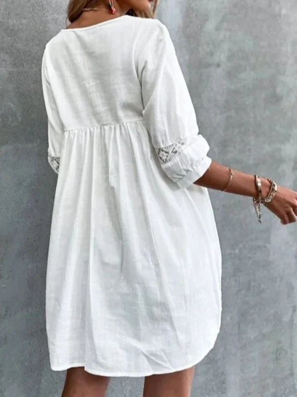 V-neck Mid-sleeve Cotton Dress - Arabella's Couture 