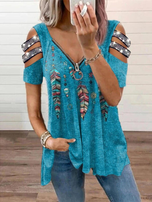 V Neck Zipper Print Short Sleeve Top