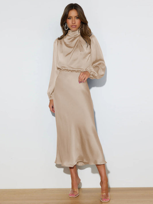 Satin Long Sleeve Dress - Arabella's Couture 