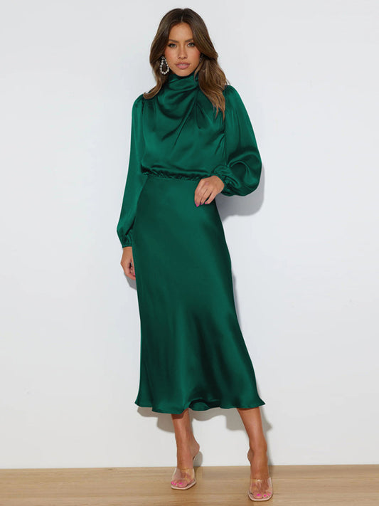Satin Long Sleeve Dress - Arabella's Couture 