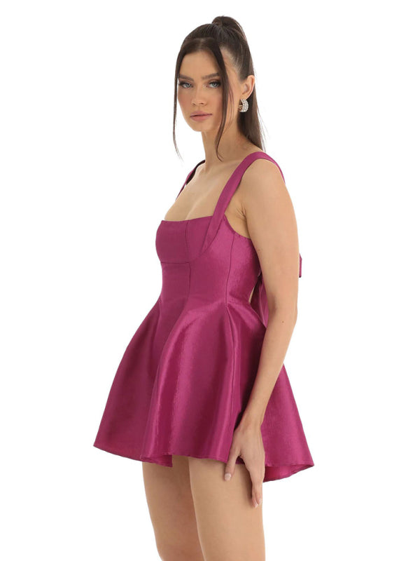 Square Neck with Bow Swing Dress - Arabella's Couture 