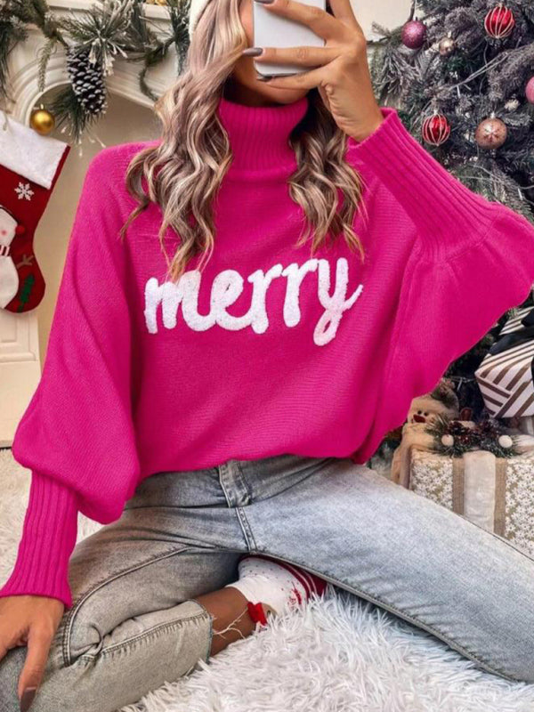 Merry Print Turtleneck Loose Bat Sleeves Sweater