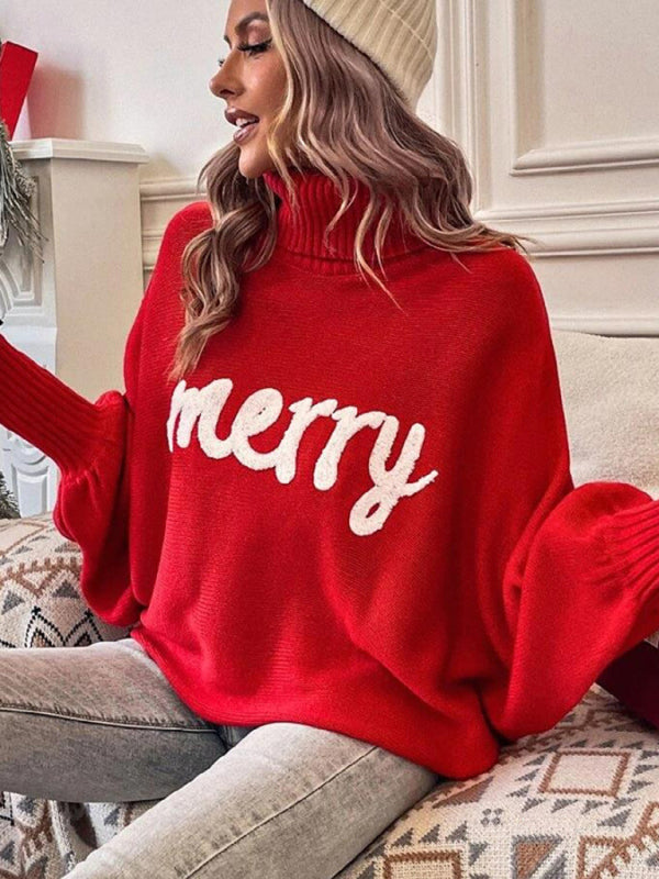 Merry Print Turtleneck Loose Bat Sleeves Sweater