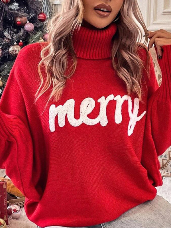 Merry Print Turtleneck Loose Bat Sleeves Sweater