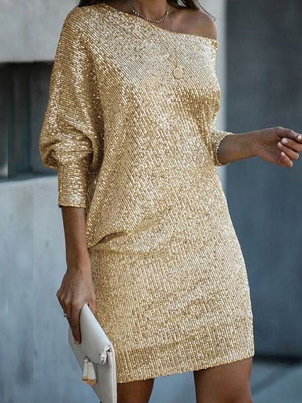 Oblique Shoulder Sequin Dress - Arabella's Couture 