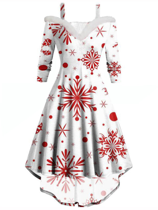 Christmas Print Deep V Suspender Dress