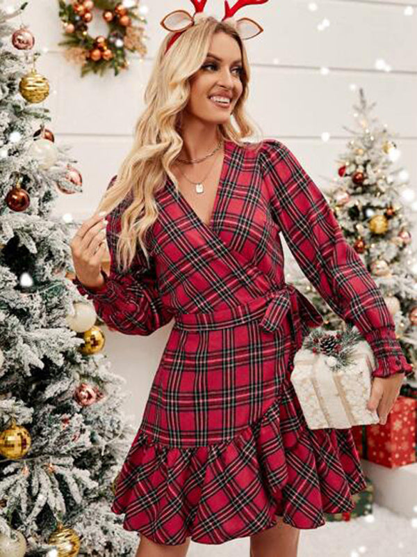 Christmas Plaid Printed V-neck Puff Sleeve Ruffled Hem Dress