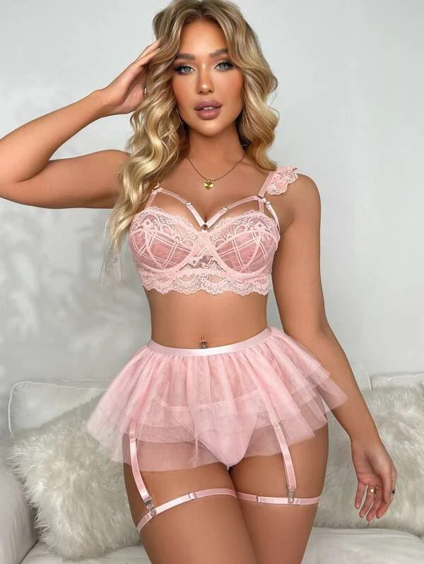 Lace Hollow Backless Three-piece Lingerie Set