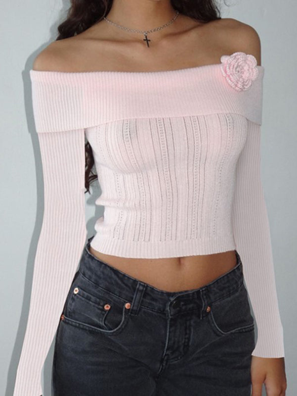 Off-shoulder three-dimensional floral knitted top