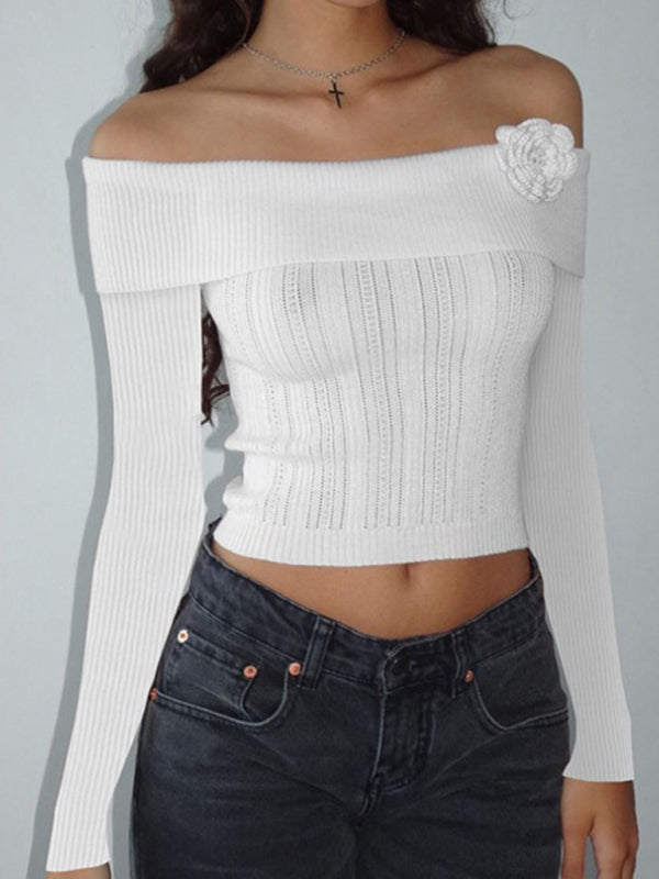 Off-shoulder three-dimensional floral knitted top