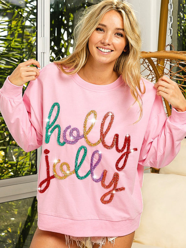 Christmas Print Round Neck Long Sleeve Loose Sweatshirt