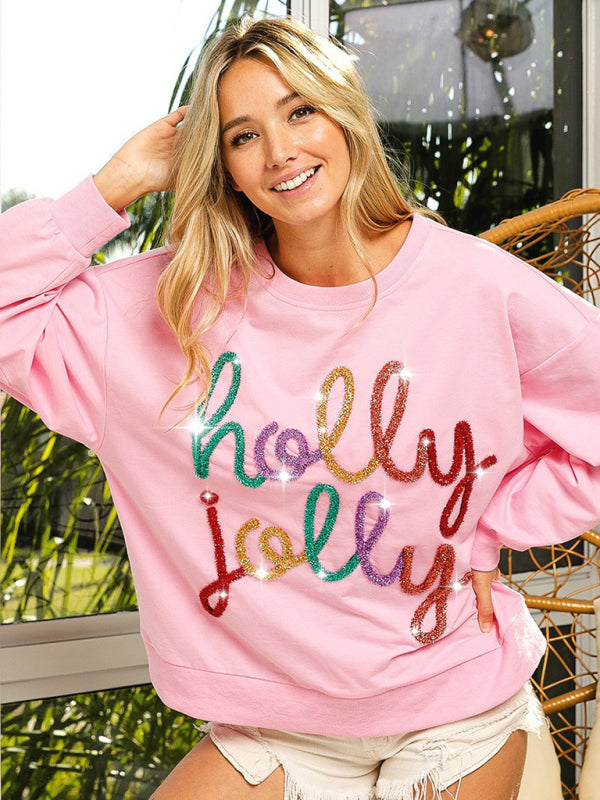 Christmas Print Round Neck Long Sleeve Loose Sweatshirt