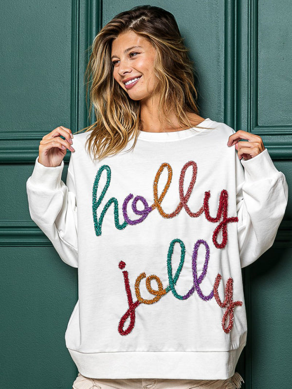 Christmas Print Round Neck Long Sleeve Loose Sweatshirt